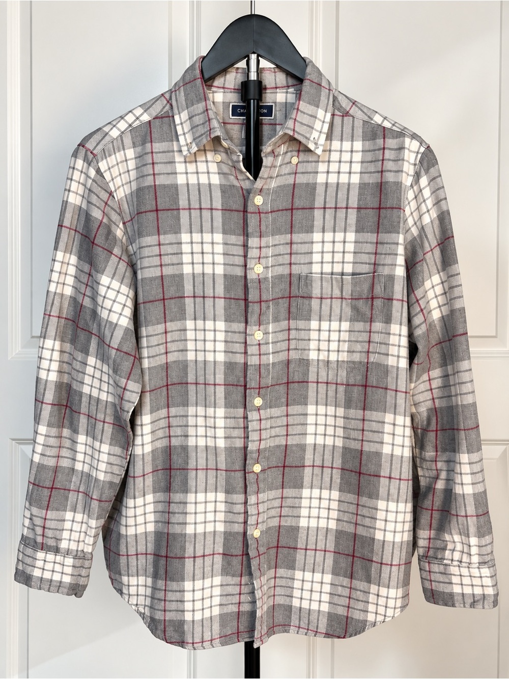 Club Room Gray and White Plaid Button-Down Shirt with Red Windowpane